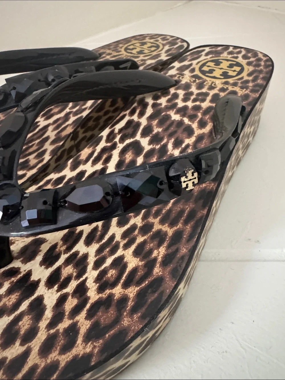 Tory Burch Leopard Print Wedge Sandals with Black Rhinestone Straps Size 6